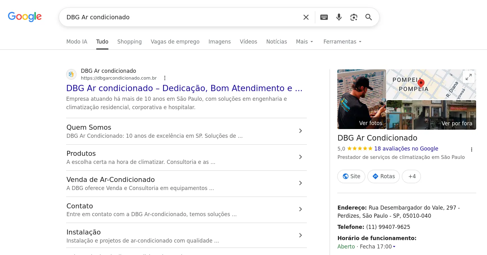 Primeiro site na busca do Google DBG Ar-condicionado com técnicas de SEO